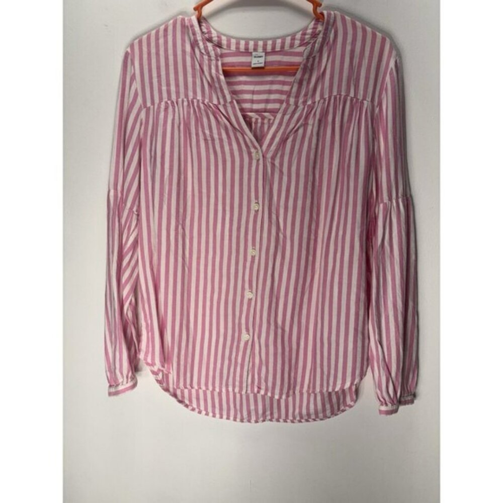 Old Navy Women Shirt Tunic Pink Striped Button Down Long Sleeve V Neck Cotton S